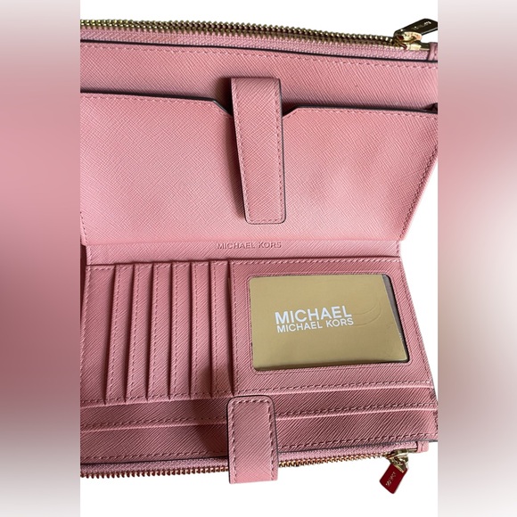 MICHAEL KORS Sunset Rose Large Leather Double Zip Smartphone Wristlet Wallet - Picture 3 of 5